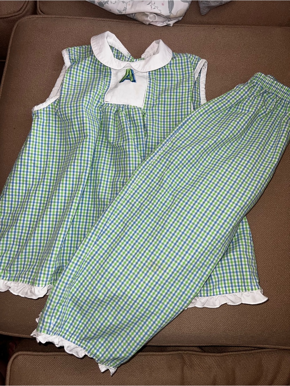 Vintage Green & Blue Gingham Girls' Set with Peter Pan Collar